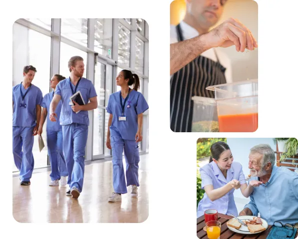 Bildcollage aus drei Fotos: ein Pflegeteam in blauer Berufskleidung geht durch einen hellen Korridor, eine Küchenfachkraft bereitet in der Grossküche ein Getränk zu, und eine Pflegefachfrau unterstützt einen älteren Bewohner beim Frühstück.